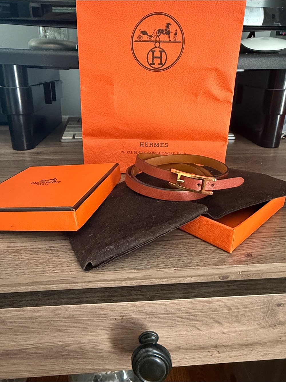 Hermes Brown Double Tour Leather Bracelet with Gold Buckle